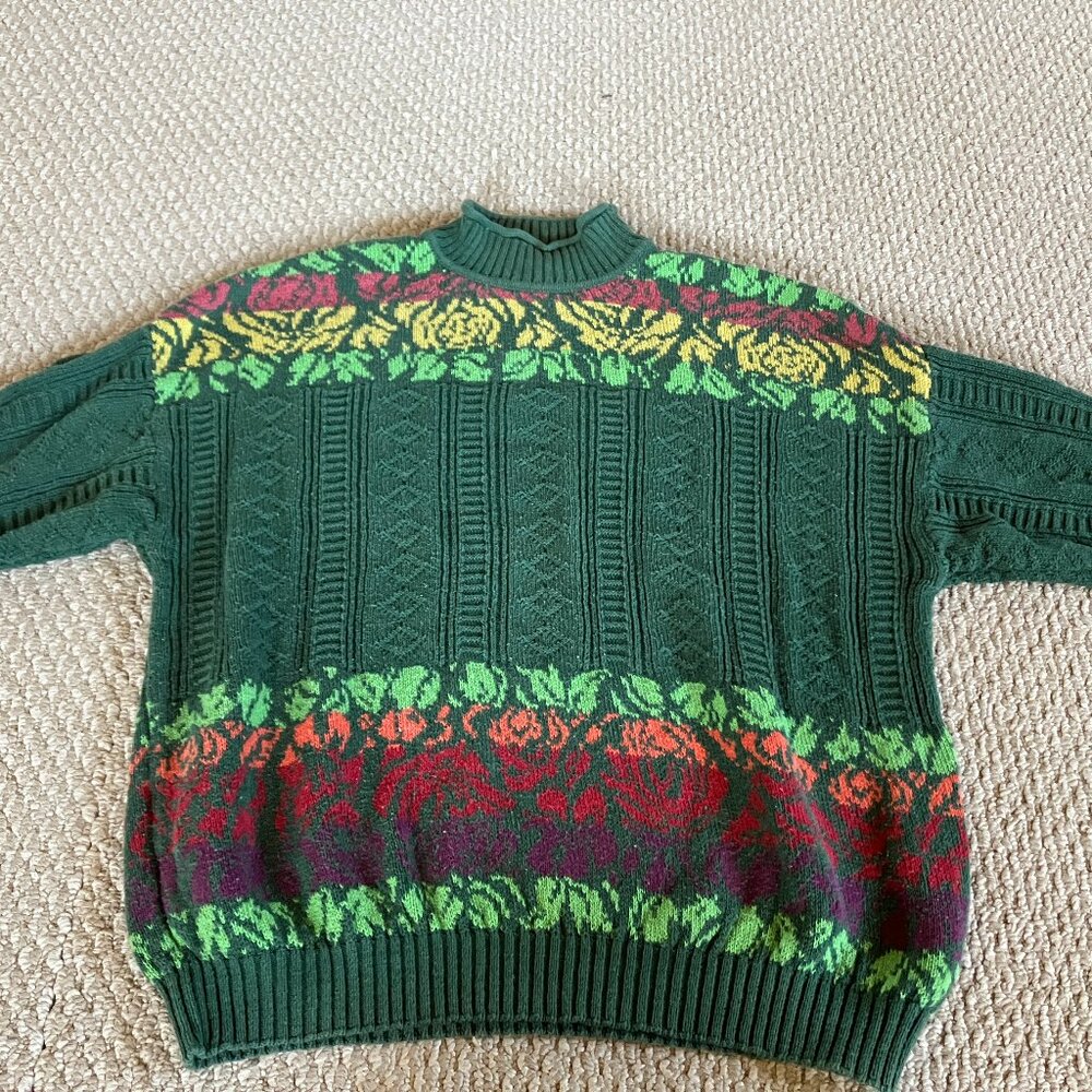 Vintage 80s United Colors Benetton Green Striped Sweater Made in Italy Cotton L